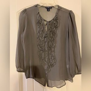 100% Silk GAP Grey Sheer Button Up + Ruffle Front Blouse w/3/4 Sleeve l Medium